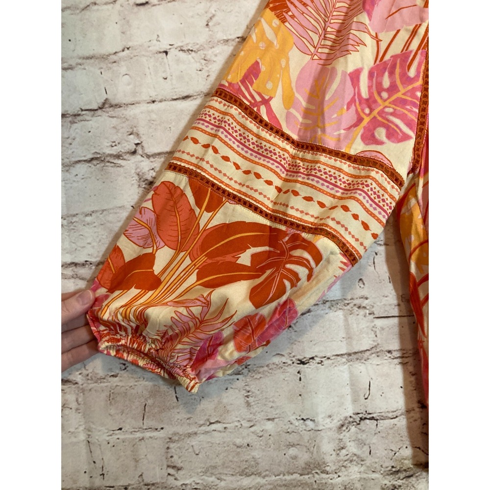 Haute Hippie Peasant Top Womens Medium Beaded Tassels Monstera Print Pink‎ Boho - Picture 14 of 14